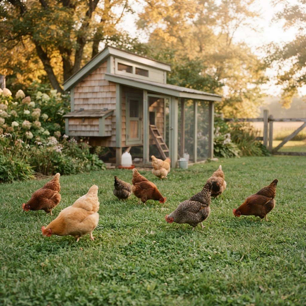 A small backyard flock of five or six mixed brown, speckled and buff hens foraging together on green grass in front of a rustic wooden coop in golden afternoon light