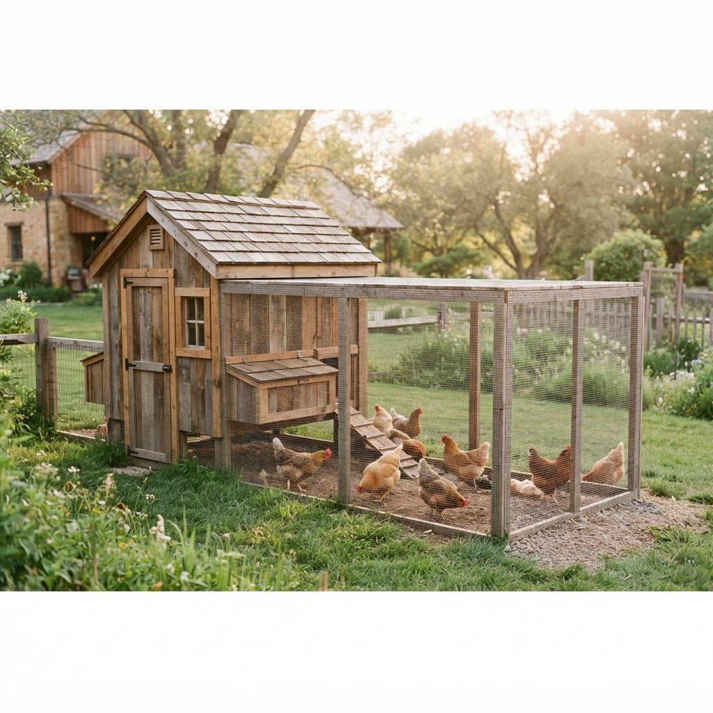 Backyard chickens around a wooden coop with an attached run