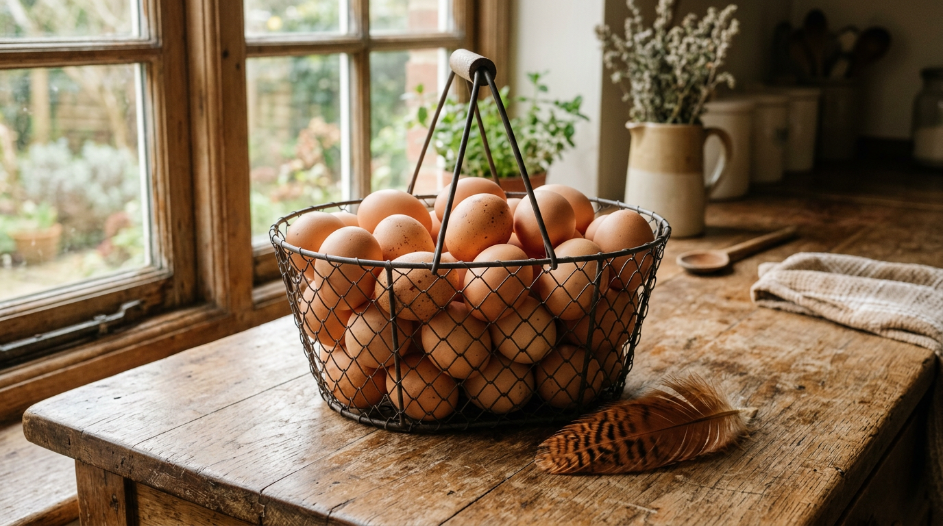 A wire basket full of large light-to-medium brown eggs on a wooden counter beside a reddish-brown feather