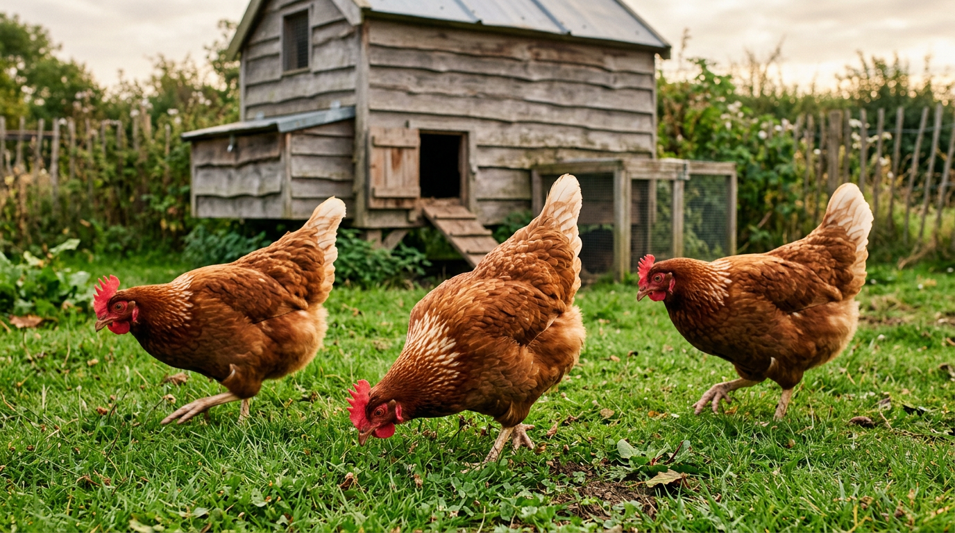 Three reddish-brown ISA Brown hens foraging on grass in front of a wooden backyard coop