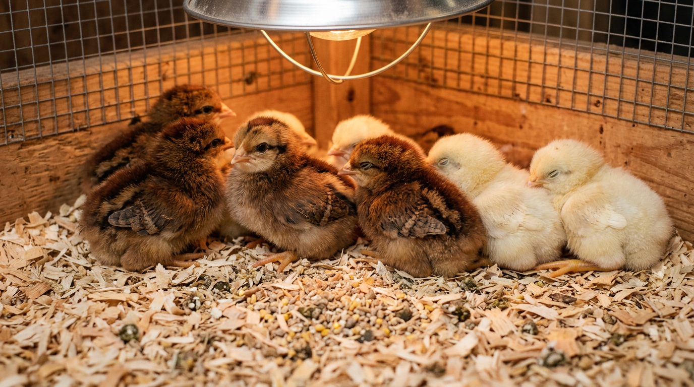 Day-old red sex-link chicks in a brooder, reddish-buff females beside pale cream males