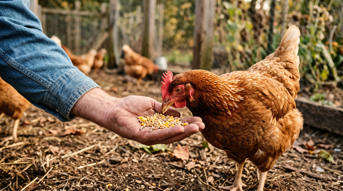 A calm reddish-brown ISA Brown hen eating scratch grains from an open hand in a backyard run