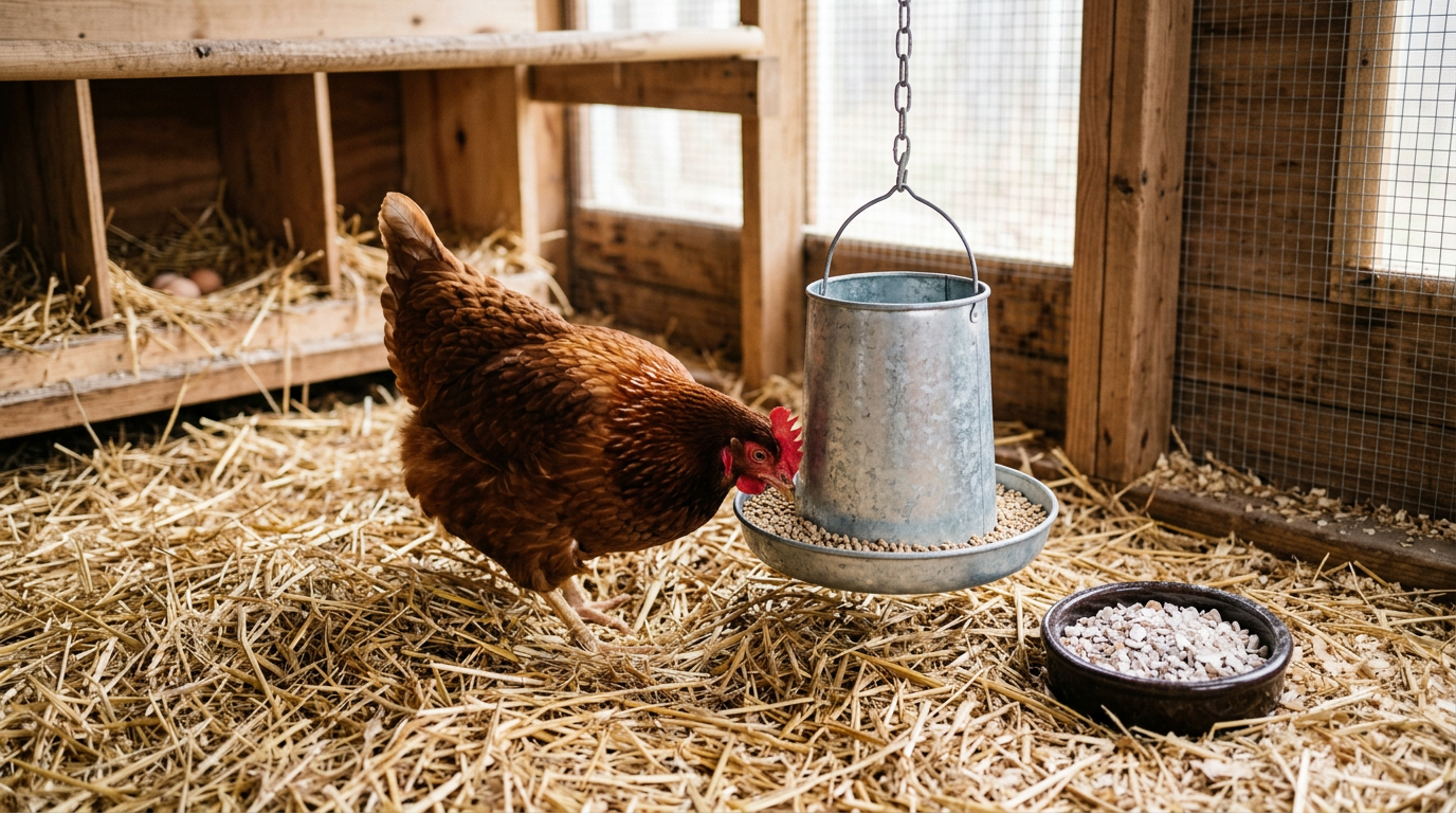 An ISA Brown hen eating layer pellets from a hanging feeder beside a separate dish of crushed oyster shell
