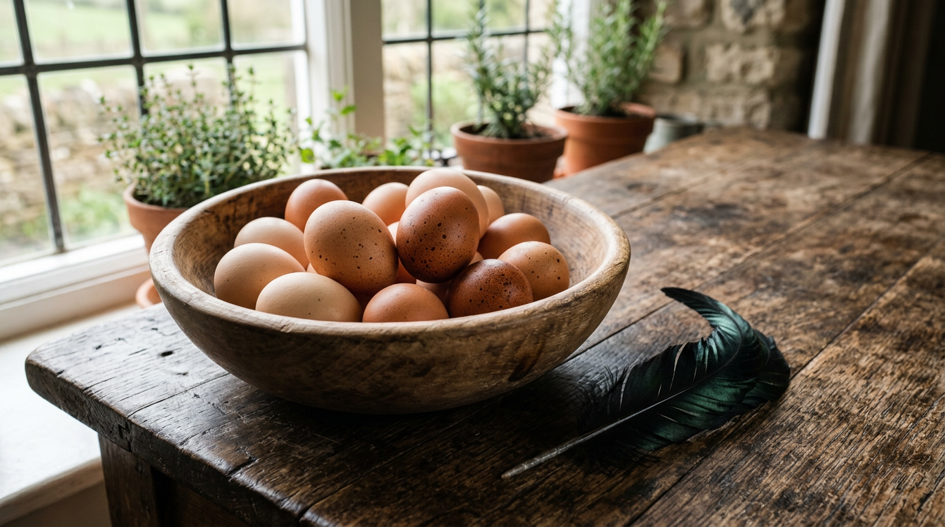 A wooden bowl of large light-to-dark brown eggs beside a glossy black feather with a green sheen