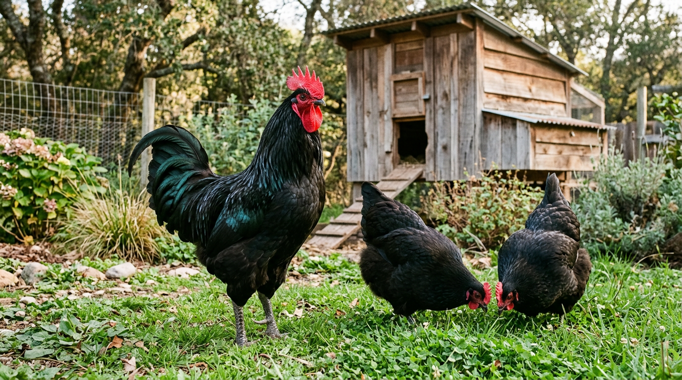 A large black Jersey Giant rooster with green-sheened feathers standing with two black hens in front of a wooden coop
