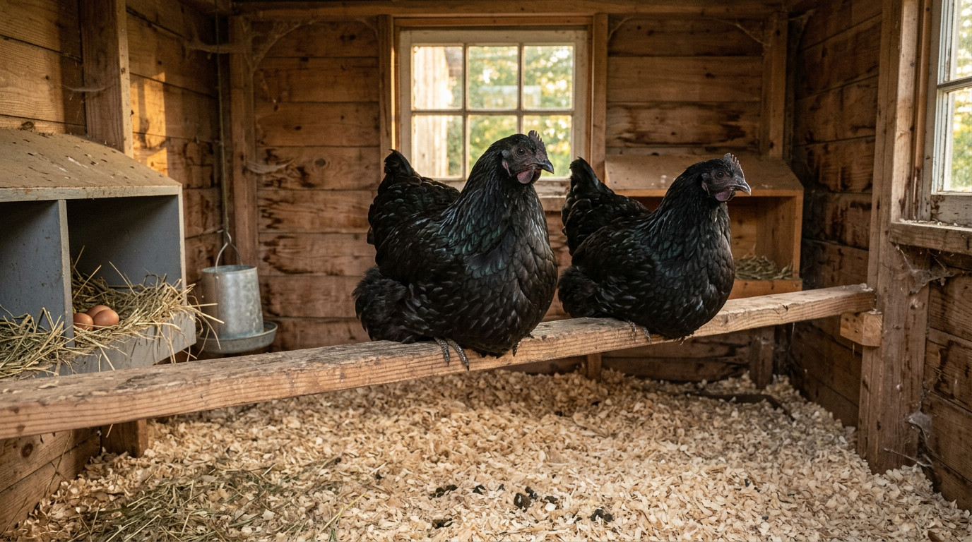 Two black Jersey Giant hens perched on a wide, low wooden roost above deep pine shavings