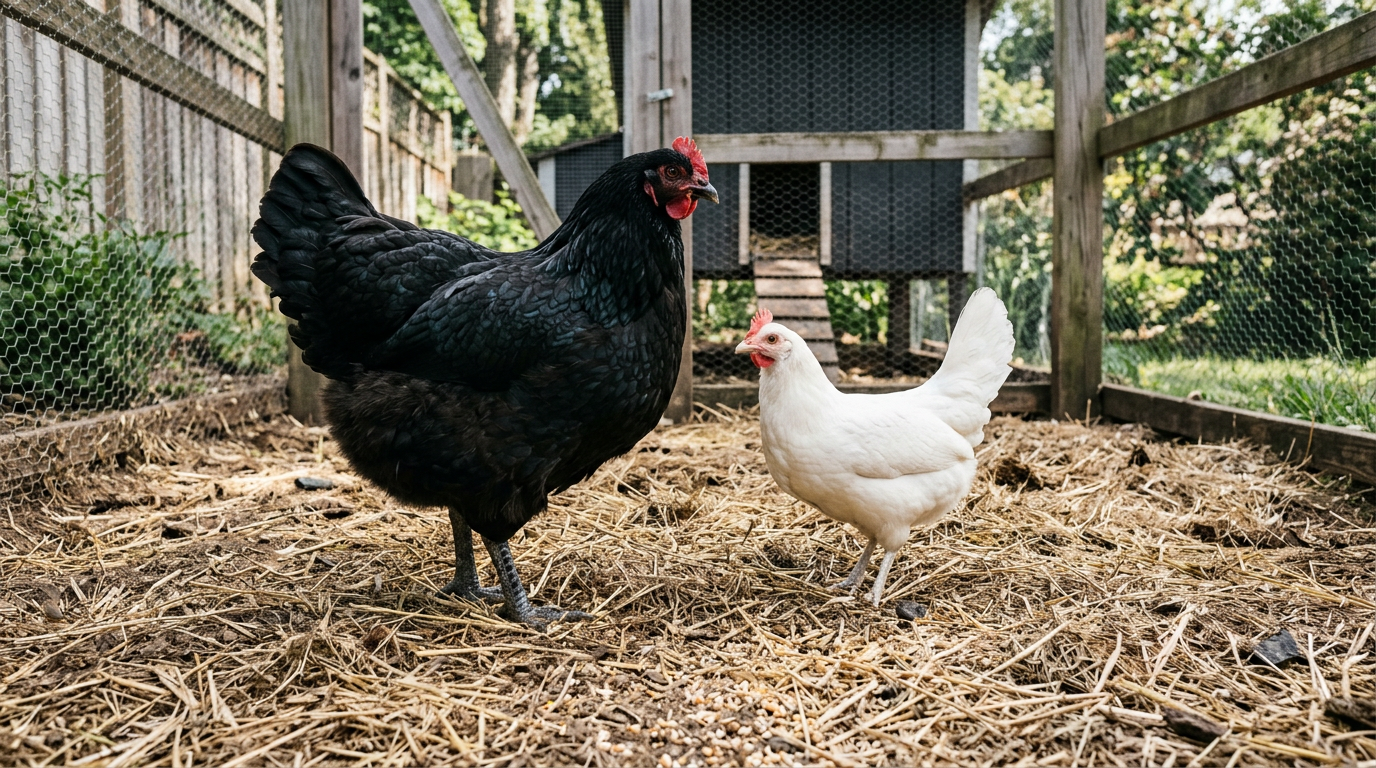 A large black Jersey Giant hen standing beside a much smaller white Leghorn hen in a straw-covered run