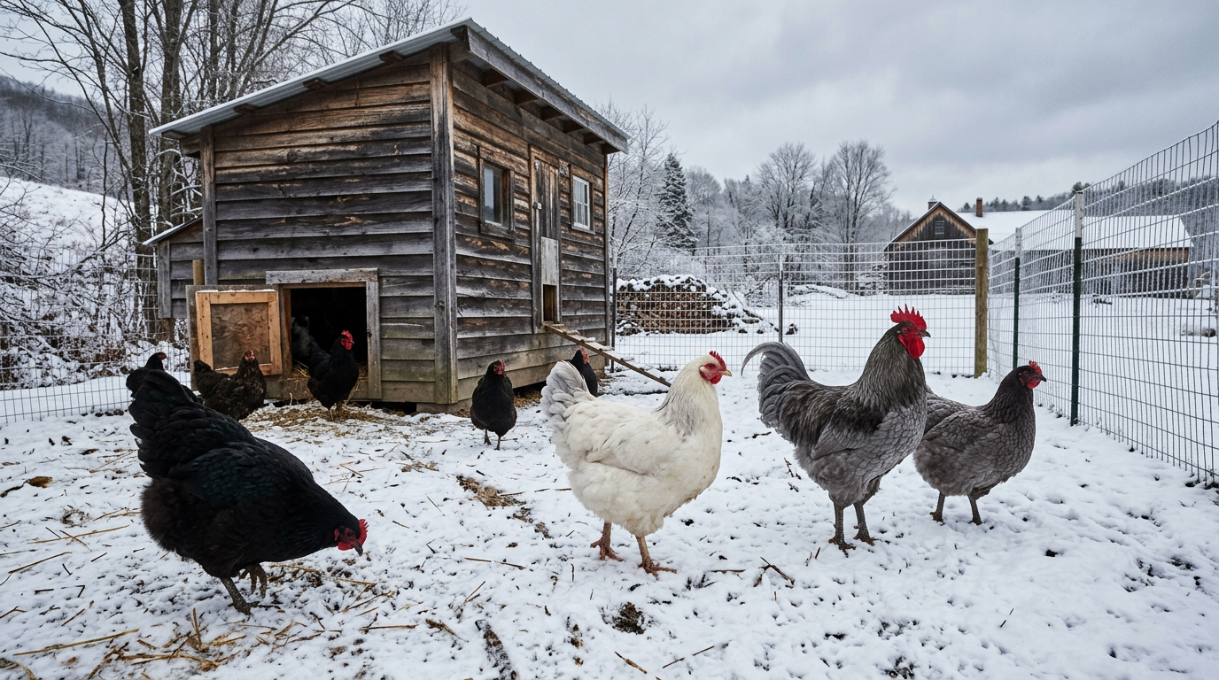 Black, white and blue Jersey Giant chickens standing in a snowy run beside a coop with a wide pop door