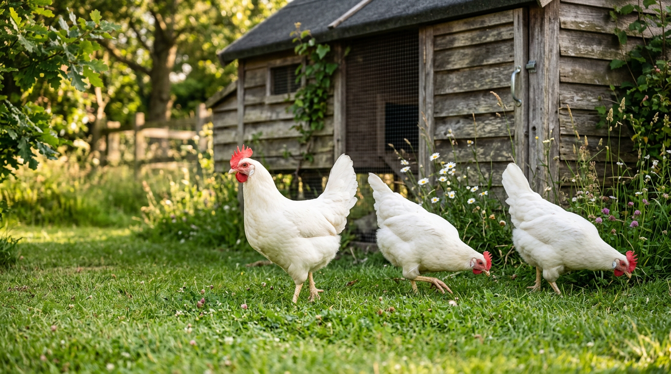 Three White Leghorn hens with tall red single combs foraging on grass in front of a wooden coop
