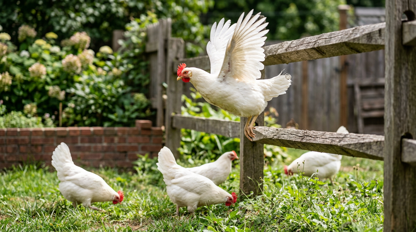 A White Leghorn hen with wings spread, flying up onto the top rail of a wooden fence