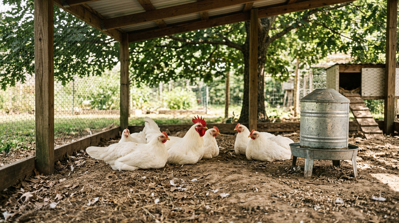 White Leghorn hens resting in dappled shade inside a covered run beside a galvanized waterer