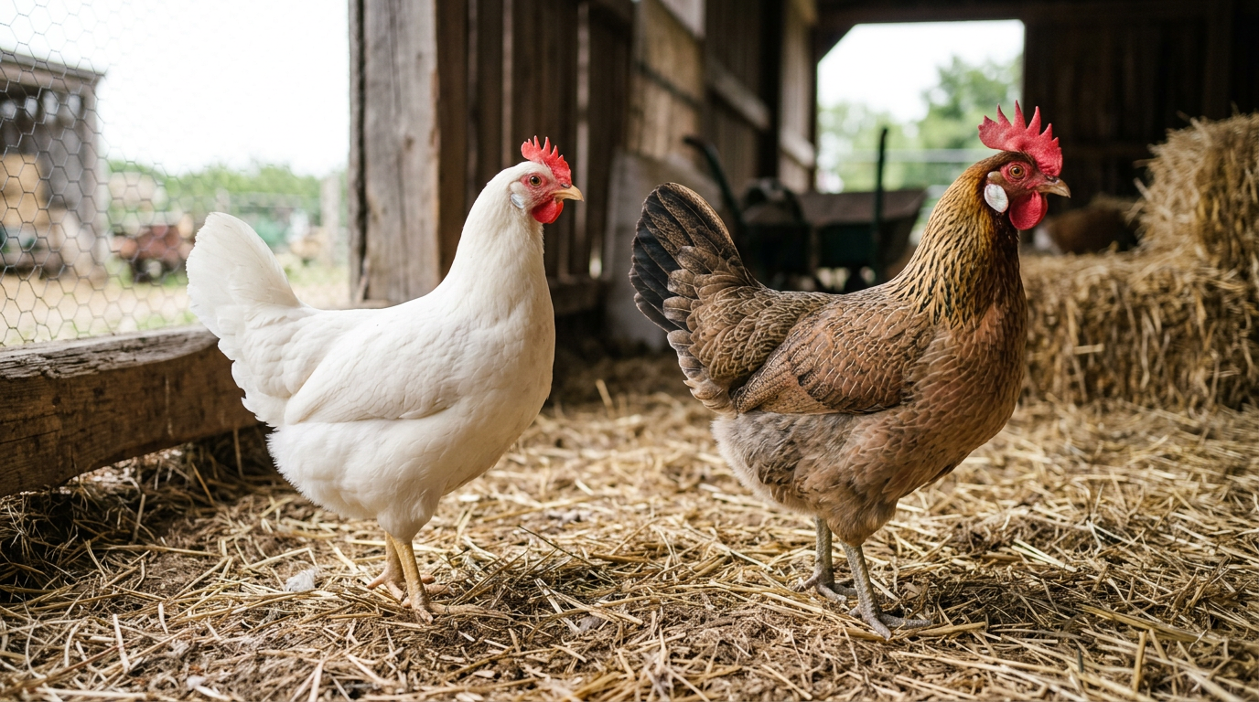 A White Leghorn hen standing beside a Brown Leghorn hen on straw