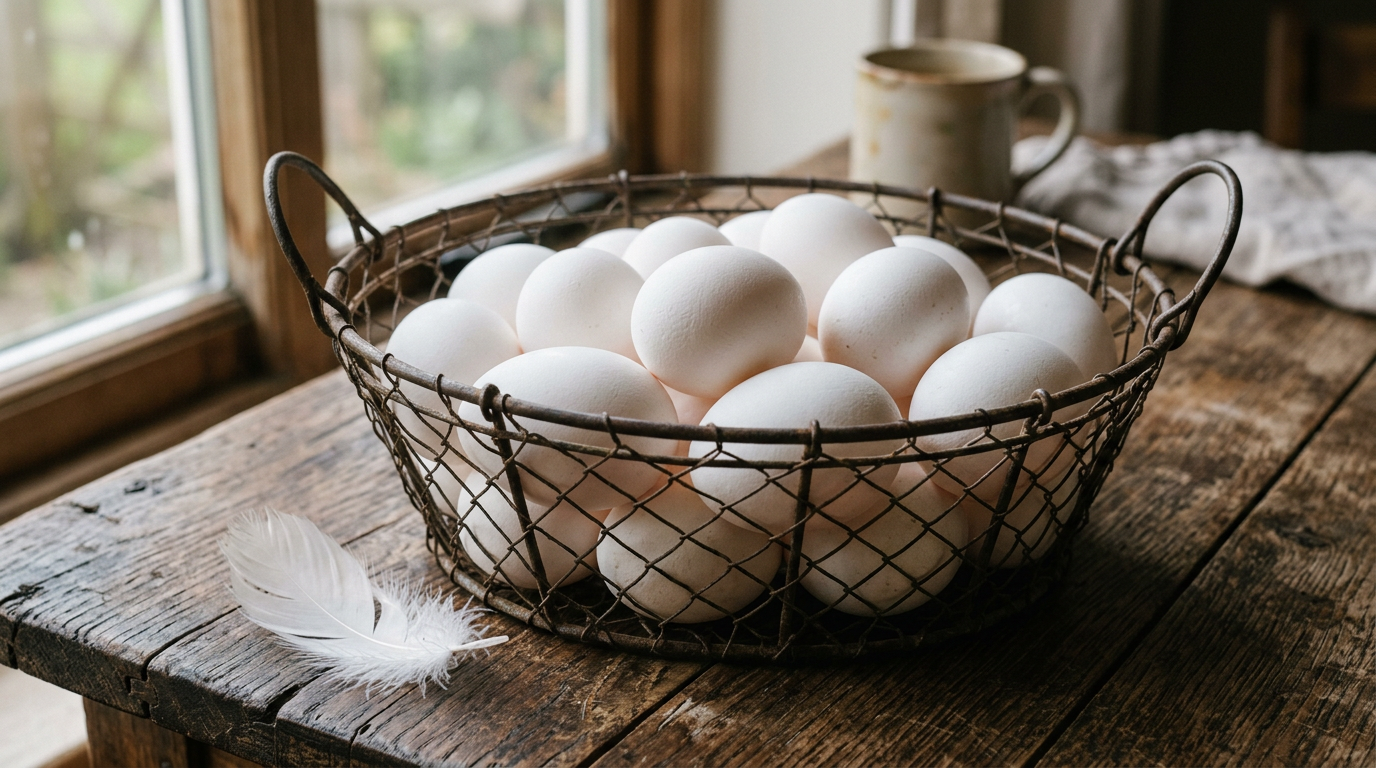 A wire basket of large white eggs on a wooden table beside a white feather