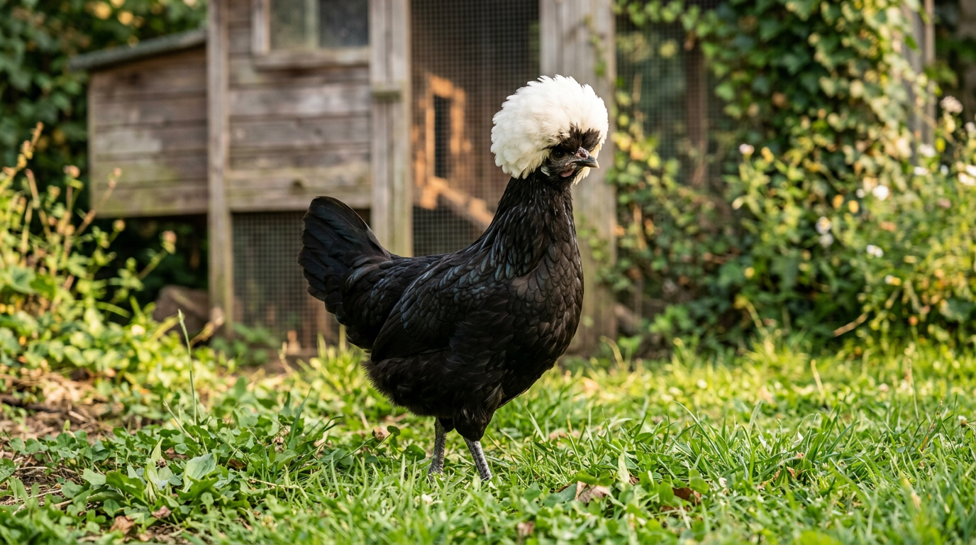 A White Crested Black Polish hen with a large round white feather crest standing on grass in front of a wooden coop