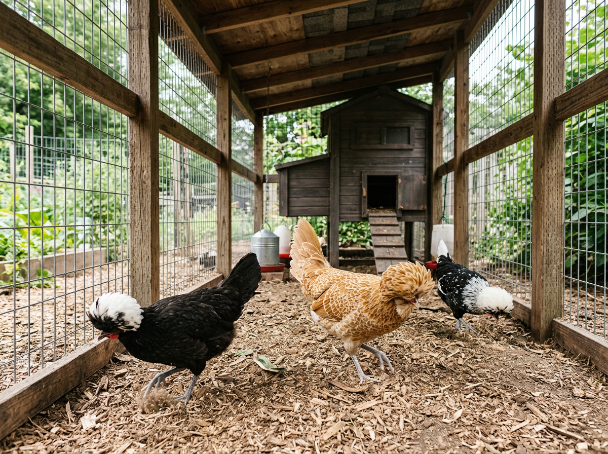 Crested Polish chickens scratching inside a wire-walled run with a solid covered roof