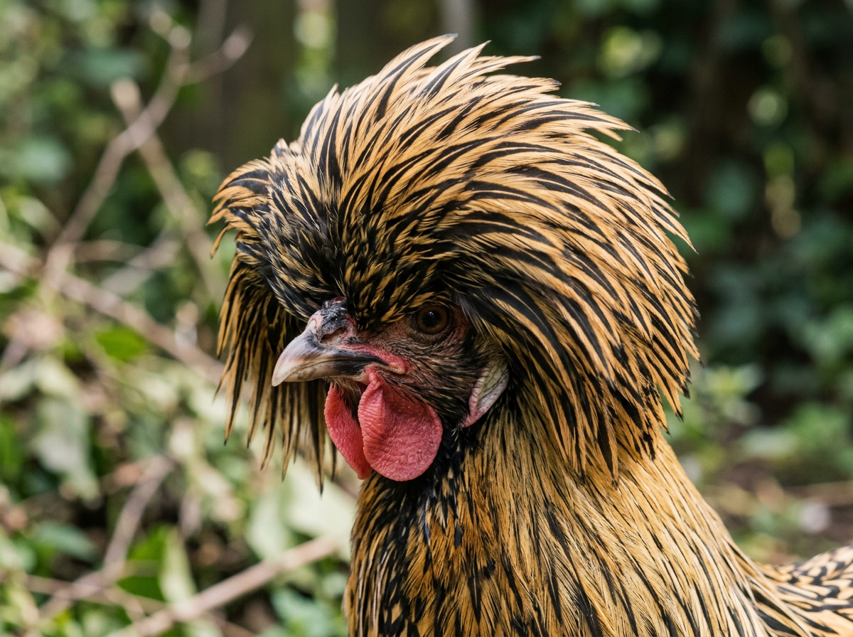 Close-up of a Polish chicken's head in profile with crest feathers drooping over its eye