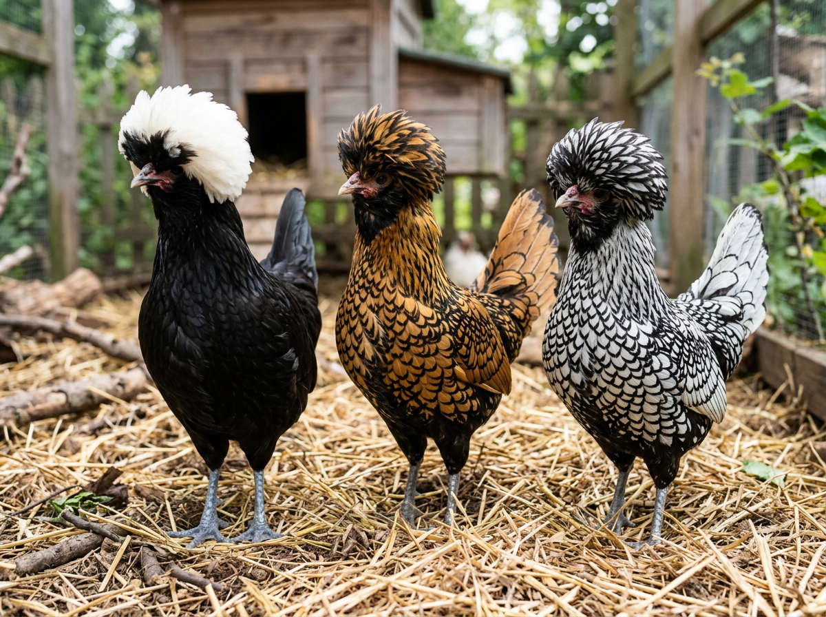 A White Crested Black, a Golden and a Silver Polish chicken standing side by side on straw