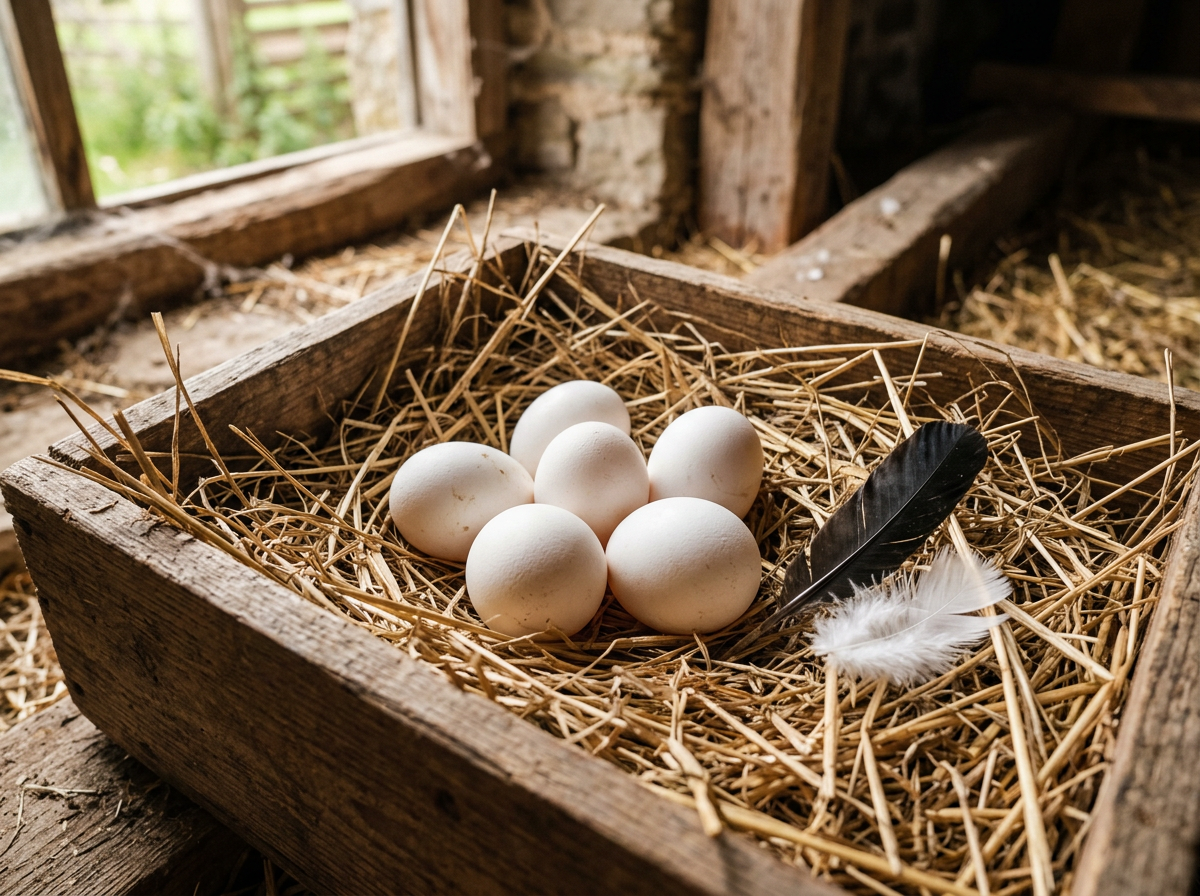 Medium white eggs in a straw-lined nesting box beside a black feather and a white crest feather