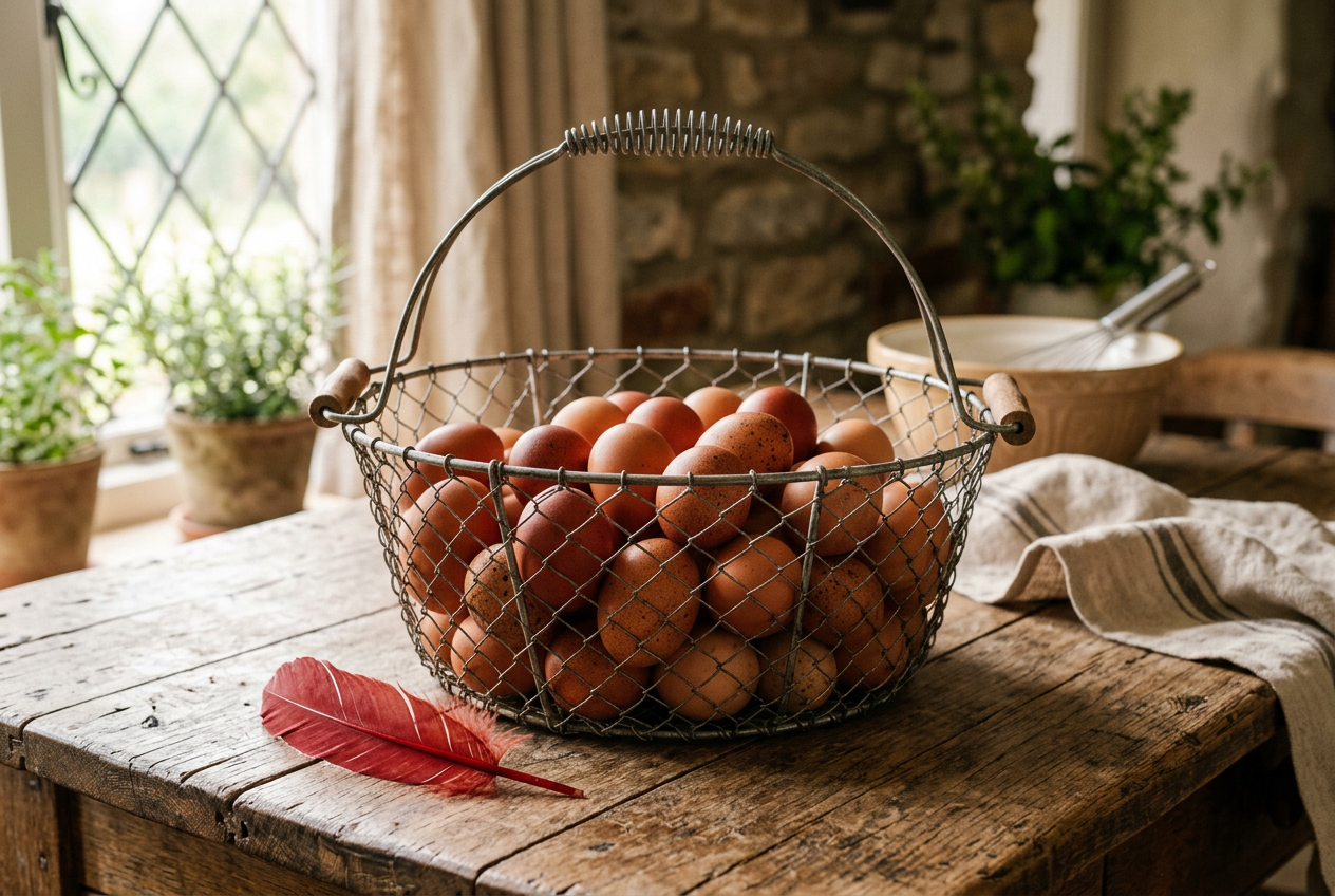 A wire farm basket filled with large brown eggs in medium to dark brown shades on a rustic wooden table beside a red feather