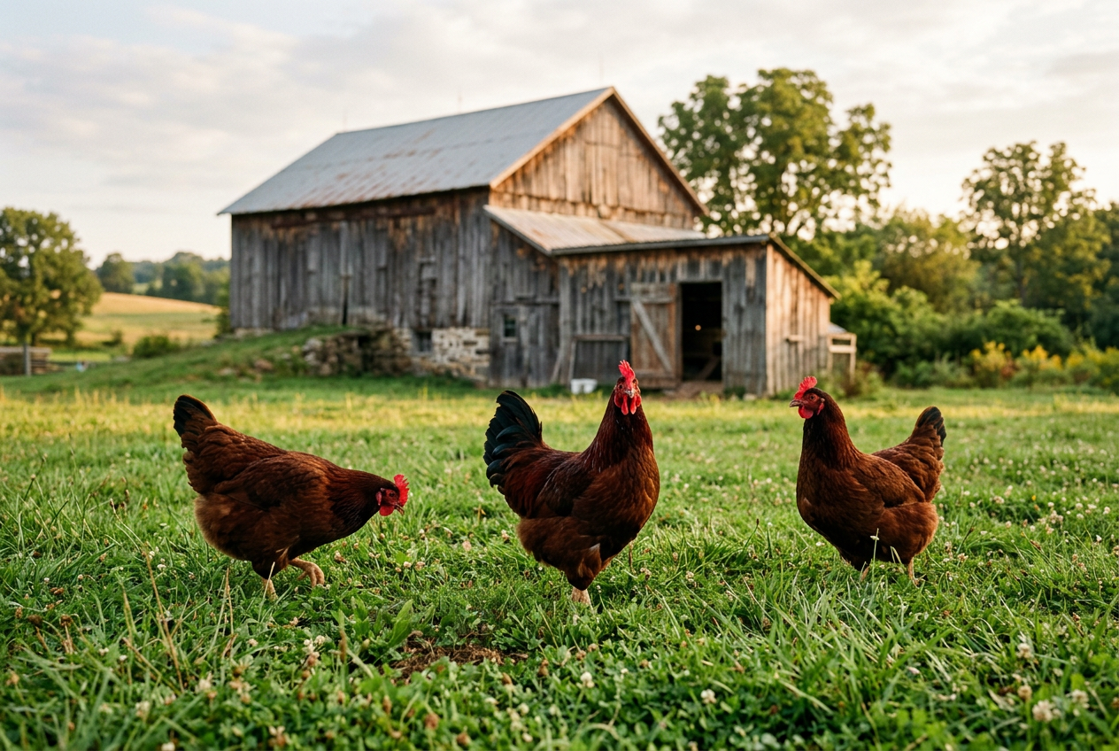 Three Rhode Island Red hens with deep mahogany-red plumage and black tail feathers standing on green grass in front of a weathered wooden coop