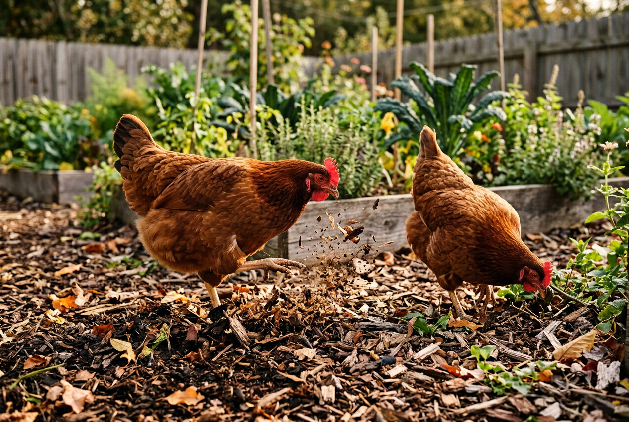 Two Rhode Island Red hens scratching through wood chip mulch and leaves at the edge of a backyard garden bed in golden afternoon light