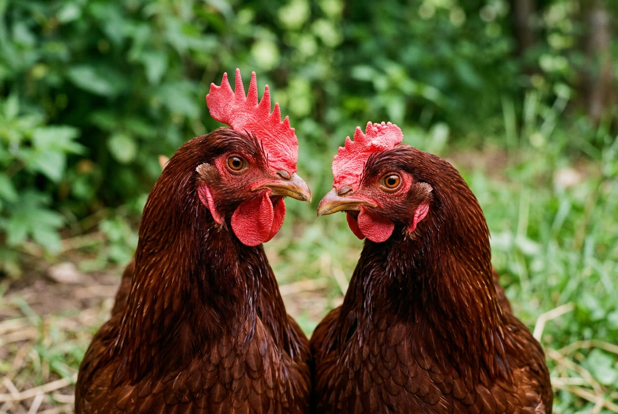 Side-by-side portrait of two Rhode Island Red hens with deep red plumage, one with a tall upright single comb and one with a low, flat rose comb