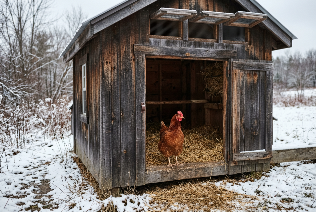 A Rhode Island Red hen standing in the doorway of a wooden coop with dry straw bedding inside and light snow on the ground outside