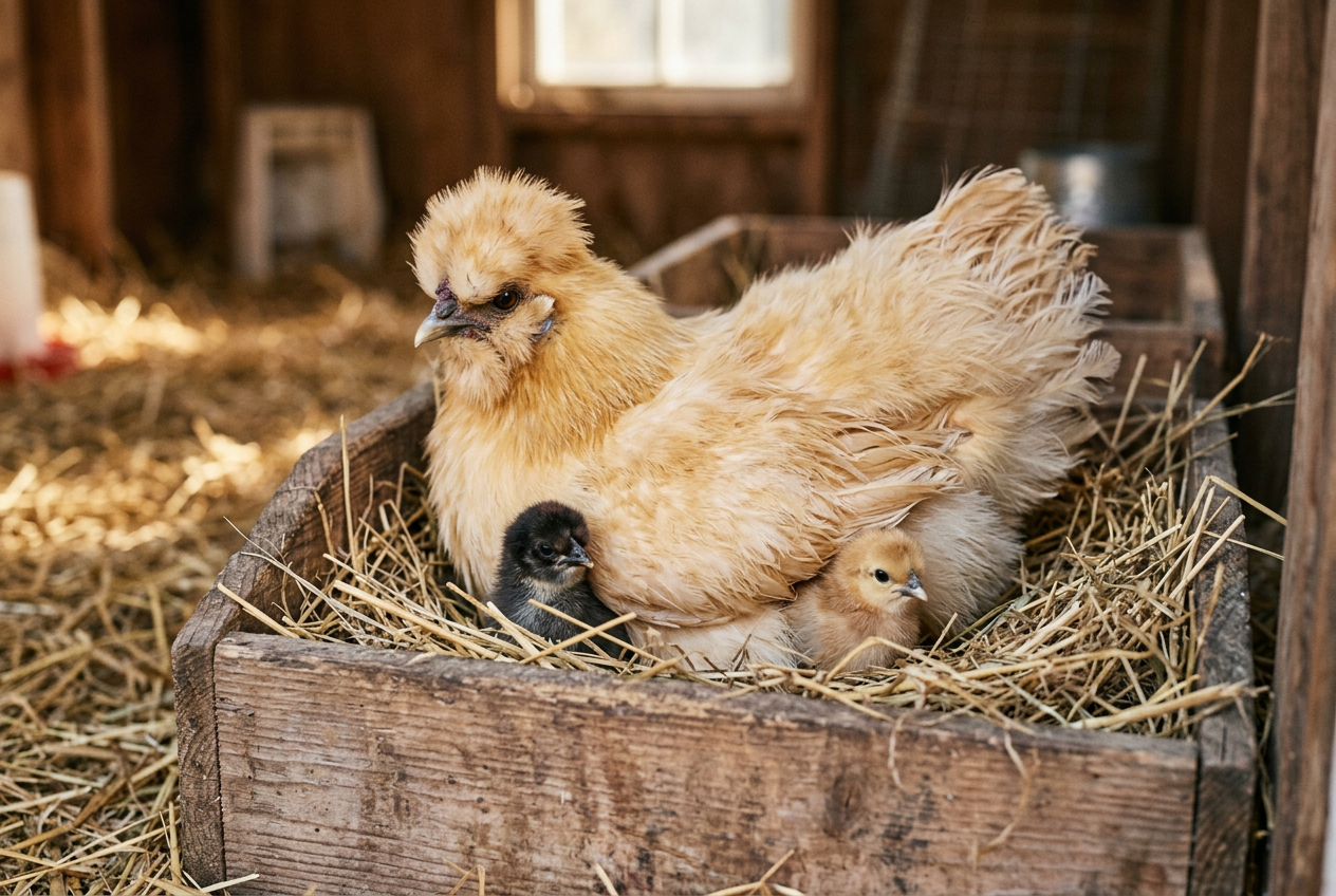 A buff Silkie hen sitting broody in a straw-filled wooden nesting box with two fluffy chicks peeking out from under her feathers