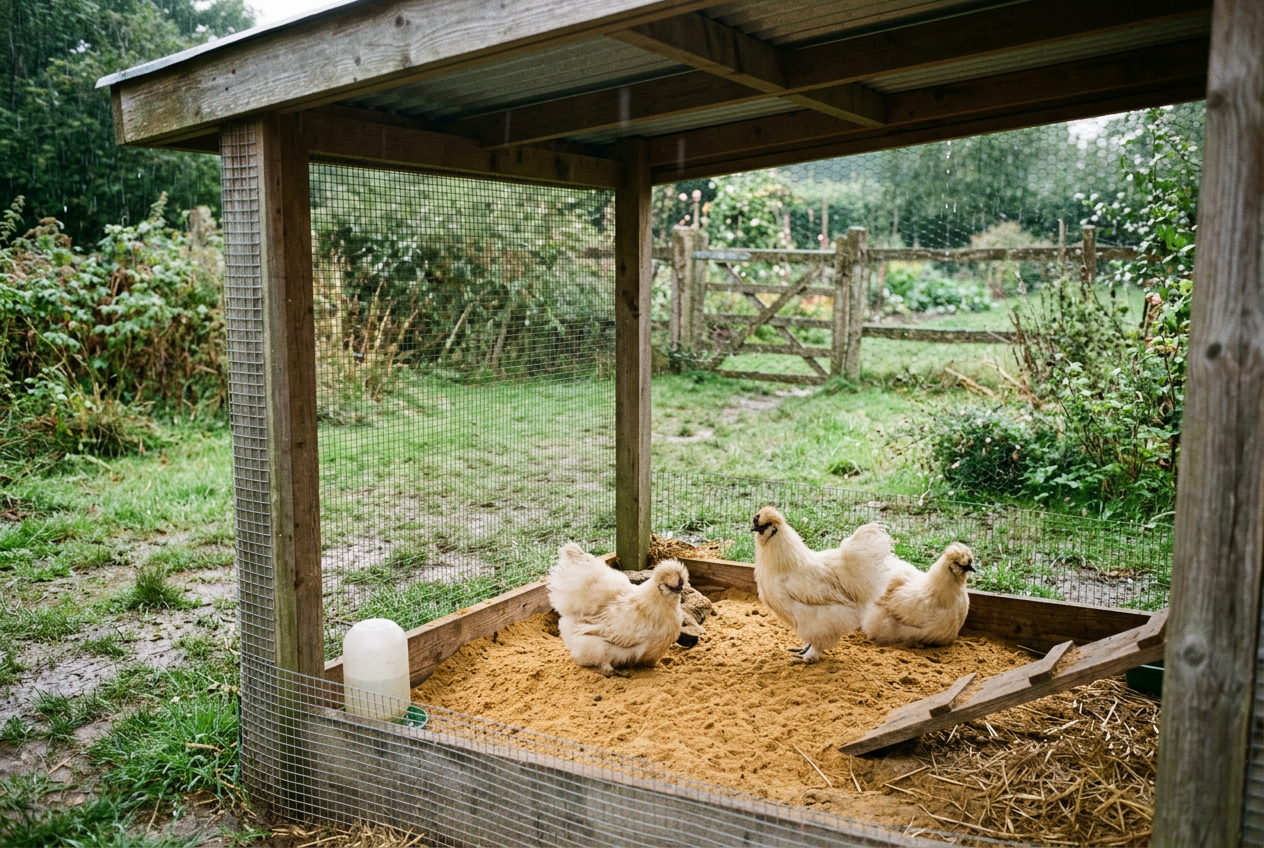 Three Silkie chickens staying dry under the roofed section of a chicken run while light rain falls on the open grass beyond