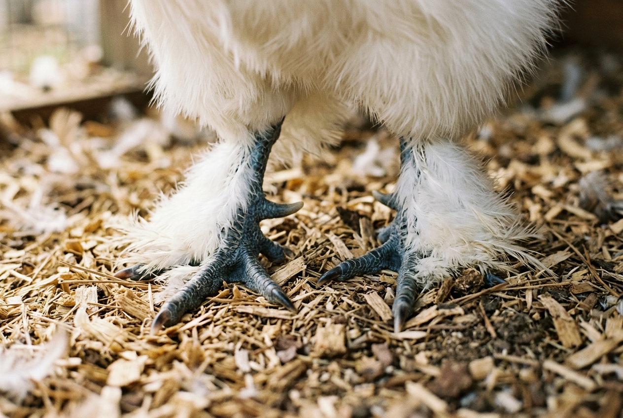 Close-up of a white Silkie chicken's feathered feet showing dark skin and five toes on each foot