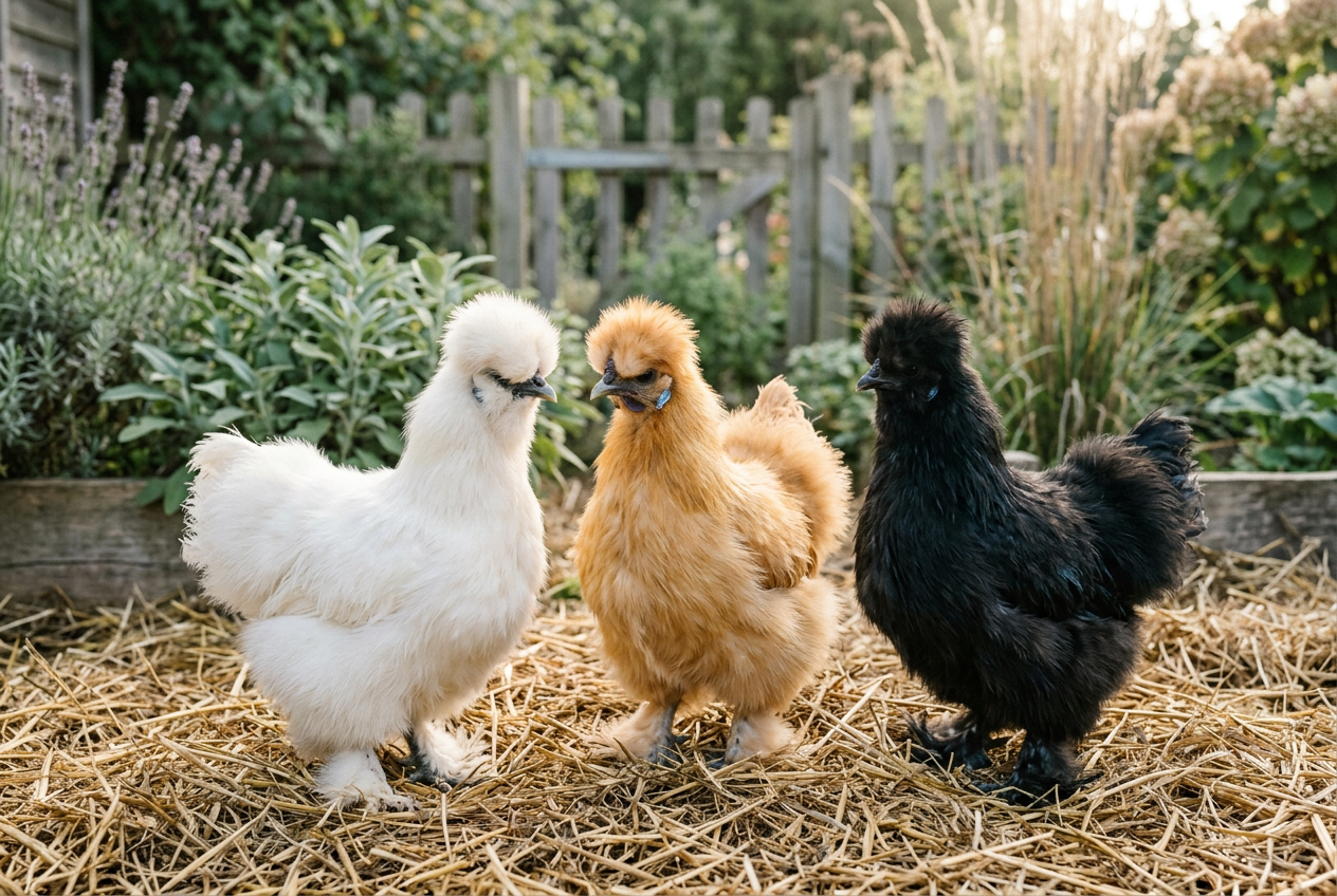 Three fluffy Silkie bantam chickens — white, buff and black — standing together on dry straw in a sunny backyard garden