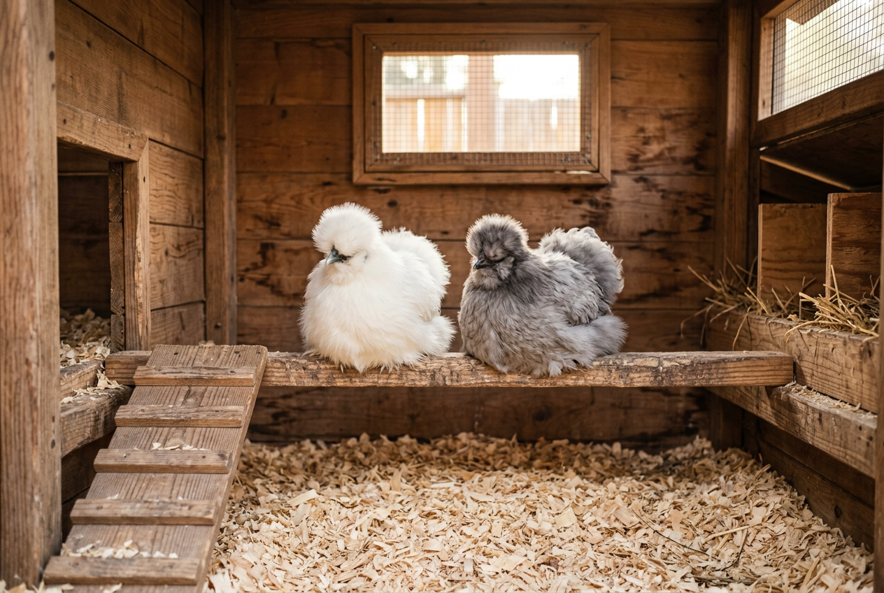 Two fluffy Silkie chickens resting on a low, wide wooden roost with a short ramp inside a clean bantam coop