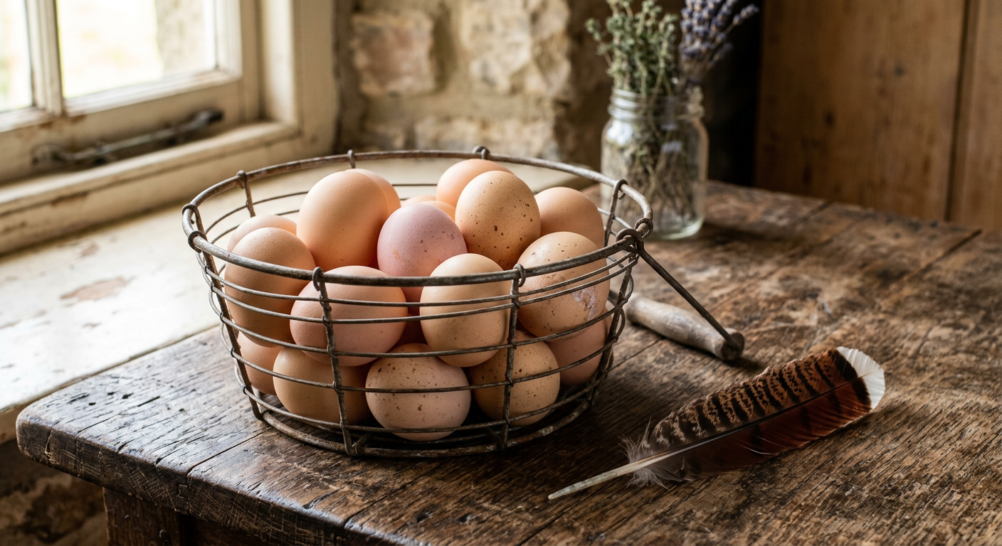 A wire basket of large tan and light brown eggs beside a mahogany feather with a white tip
