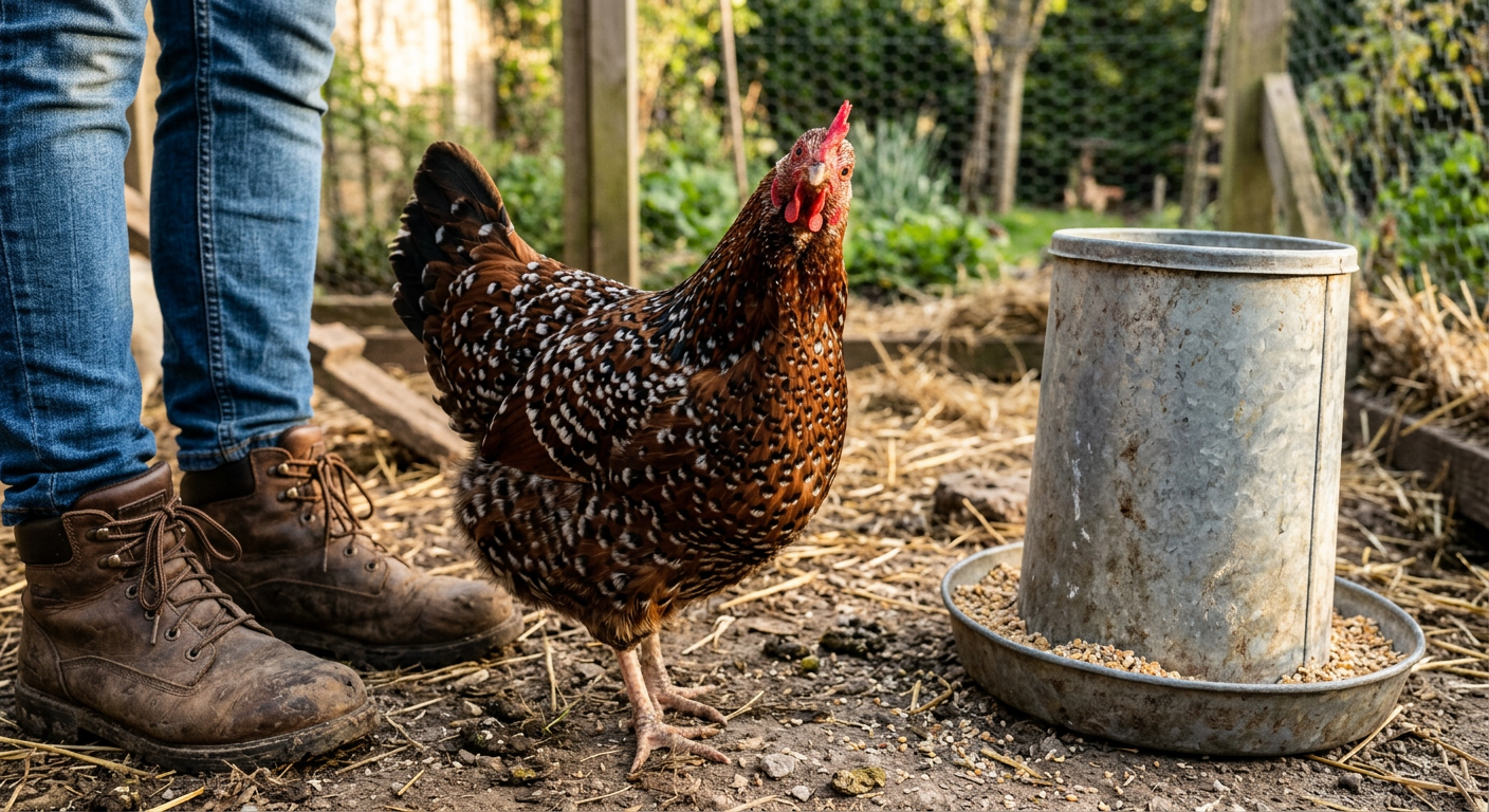 A curious Speckled Sussex hen standing beside a keeper's boots and a feeder, looking up at the camera