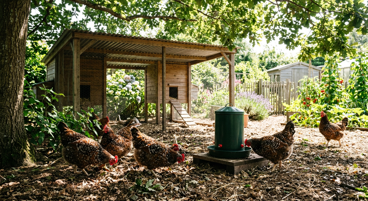 Speckled Sussex hens resting in dappled shade under a tree beside a covered run and waterer