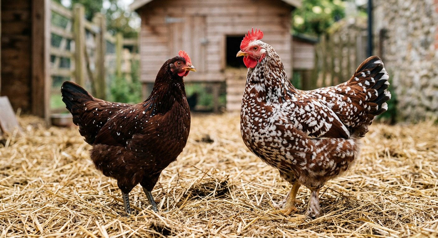 A young Speckled Sussex pullet with dark mahogany feathers beside an older hen with much heavier white speckling