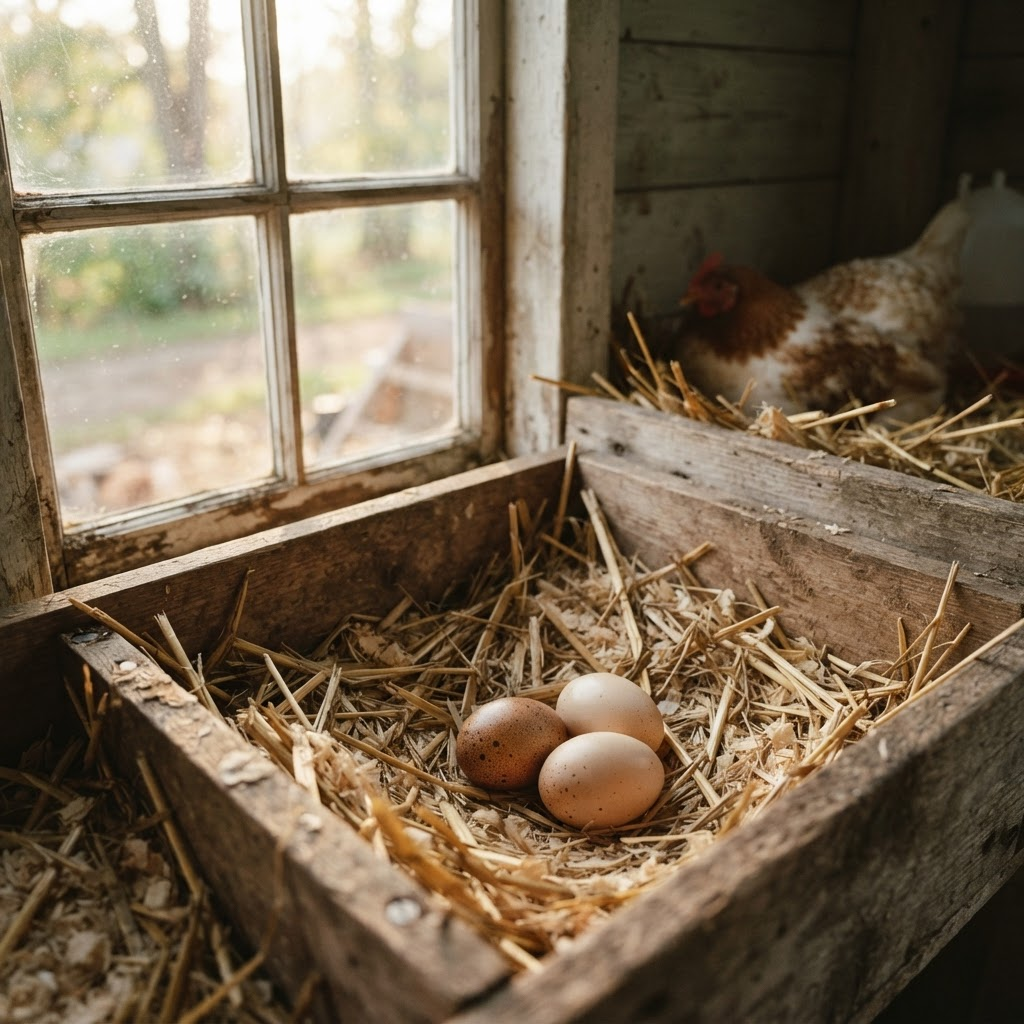 Straw-lined wooden nesting box holding a few freshly laid brown and cream eggs in soft golden morning light, with a hen blurred behind