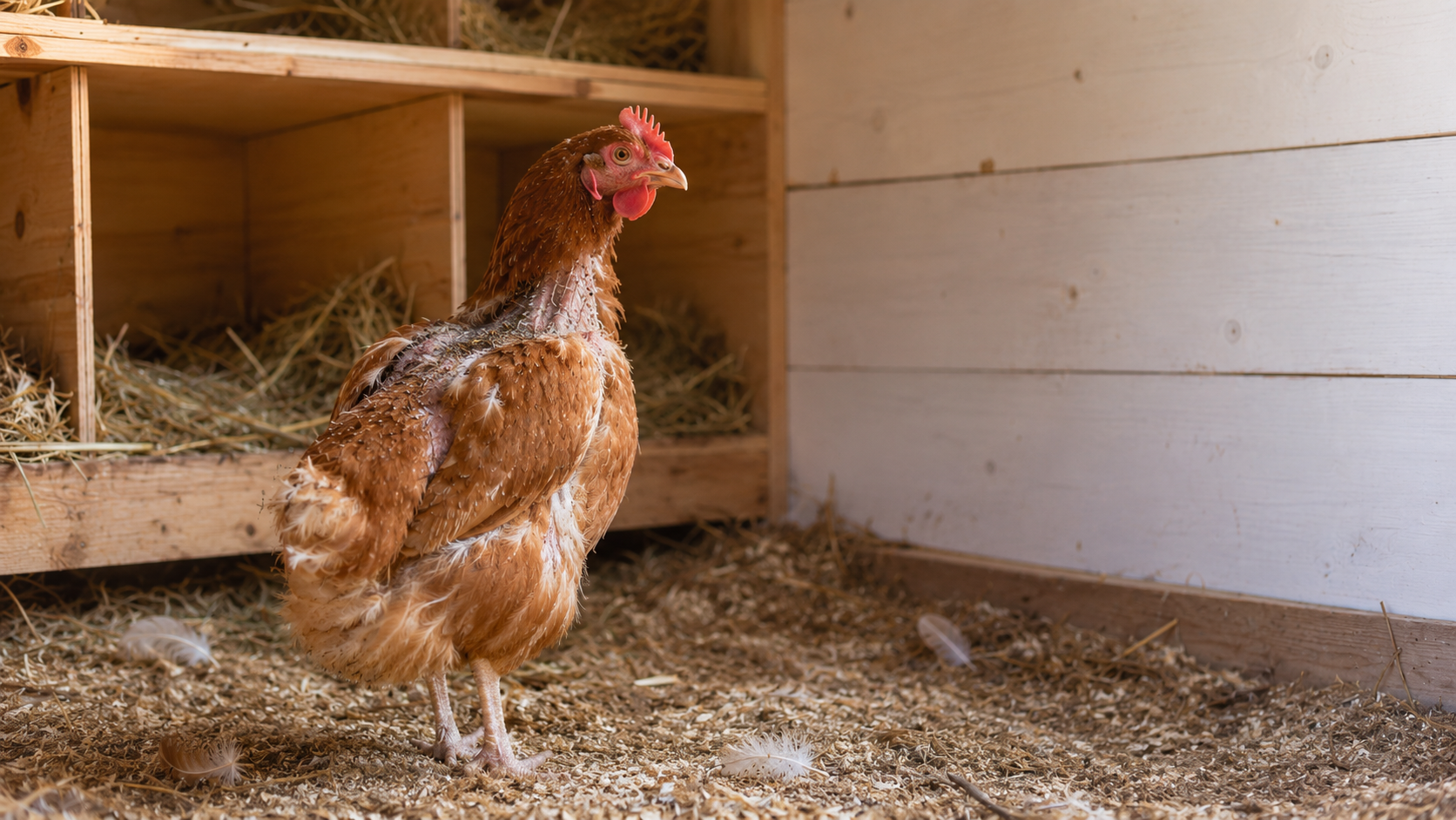 Brown hen mid-molt with patchy, thinning feathers standing in a coop beside wooden nesting boxes and dropped feathers on the litter