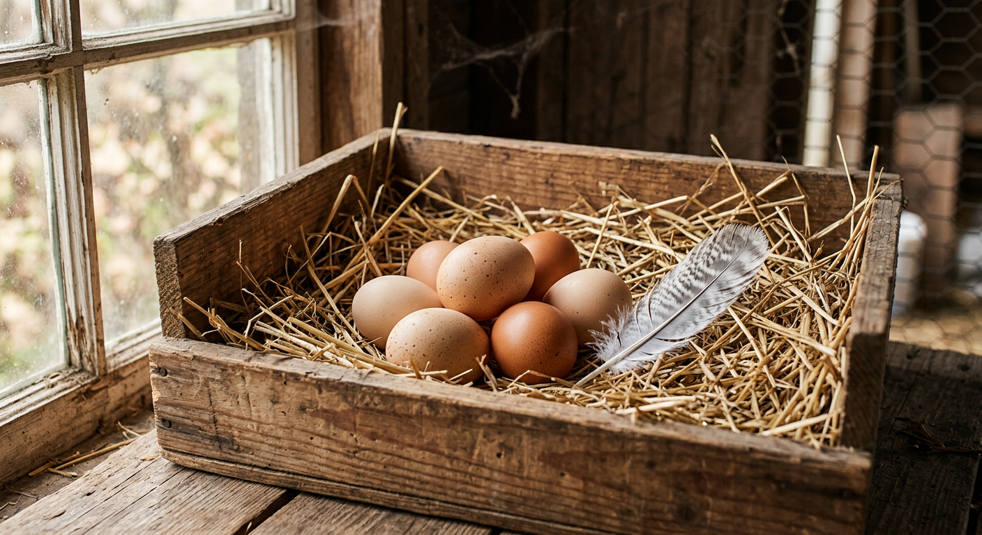 Large light-brown and brown eggs in a straw-lined nesting box beside a black-laced feather