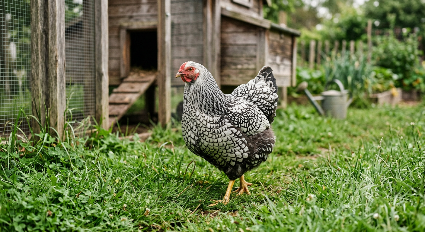 A Silver Laced Wyandotte hen with black-edged silver feathers and a low red rose comb standing on grass in front of a wooden coop