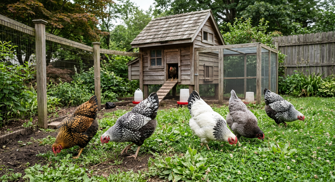 A mixed flock of Wyandotte hens in several color varieties foraging inside a fenced run
