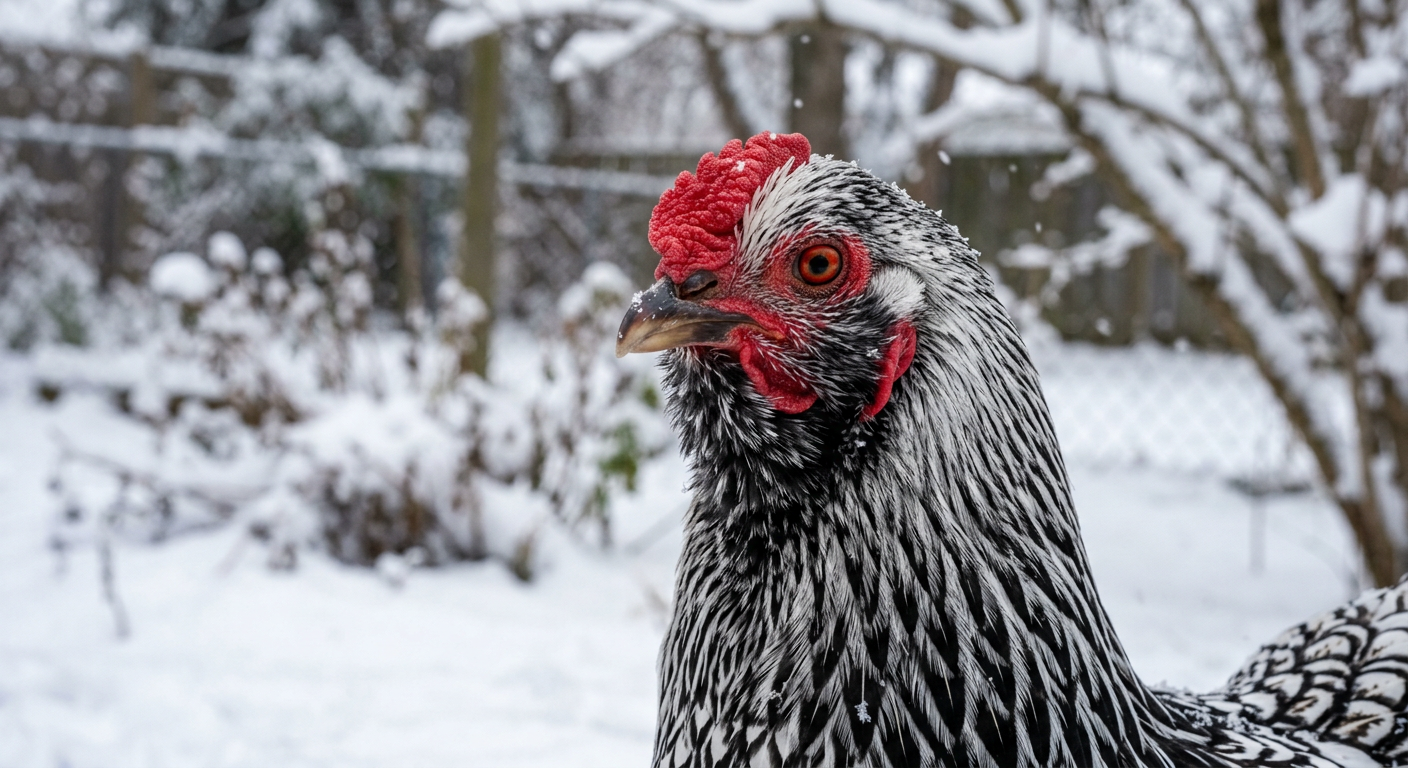 Close-up of a Silver Laced Wyandotte's low red rose comb in a snowy backyard