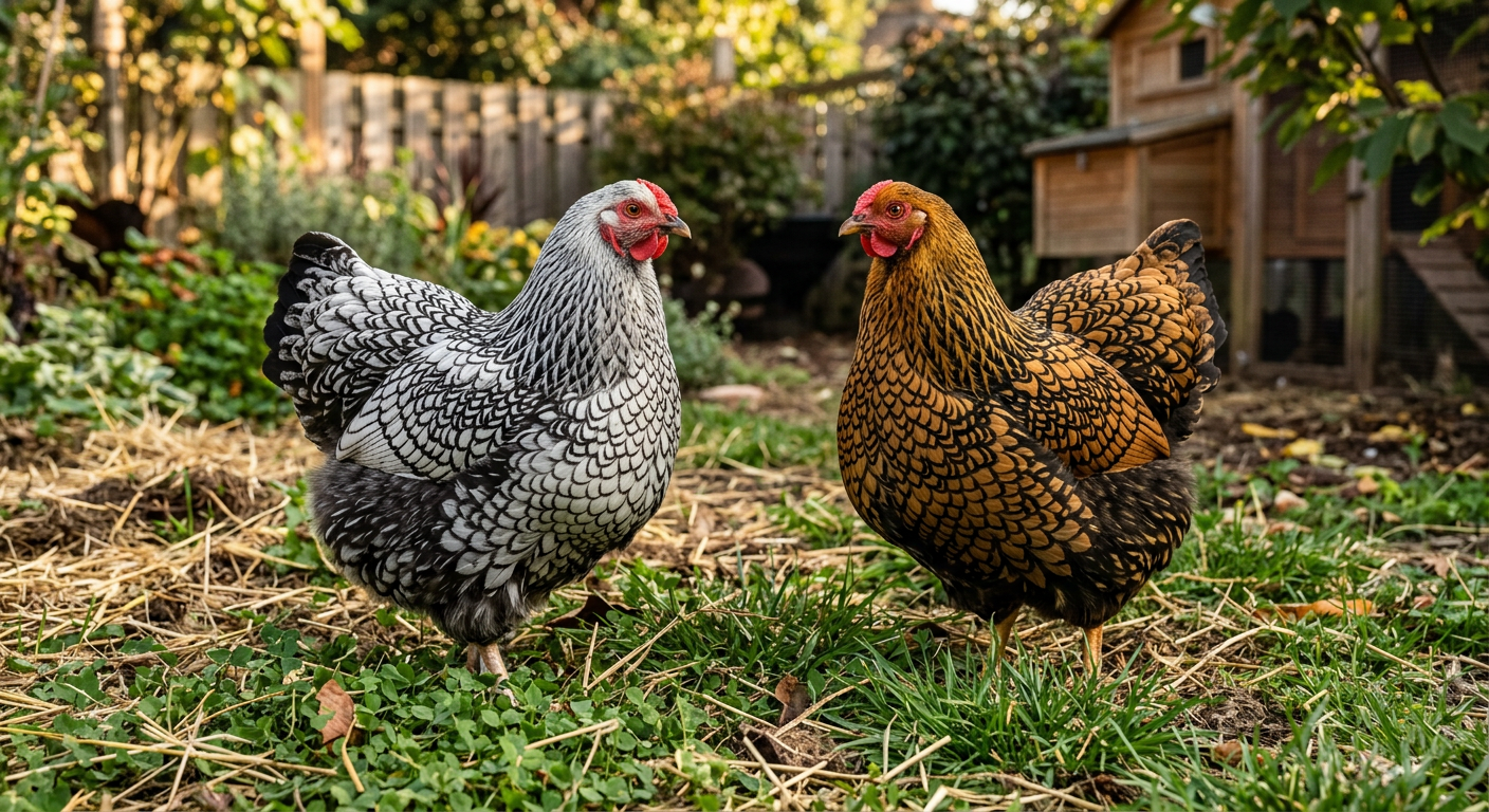 A Silver Laced Wyandotte hen beside a Golden Laced Wyandotte hen in a backyard