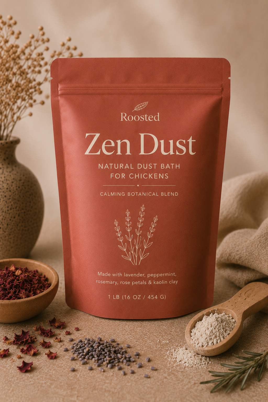 Roosted Zen Dust botanical chicken dust bath mix with lavender, rosemary, rose petals and kaolin clay